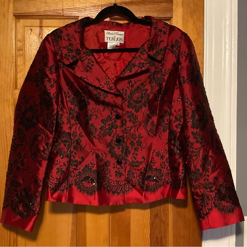 Teri Jon red and black silk suit
